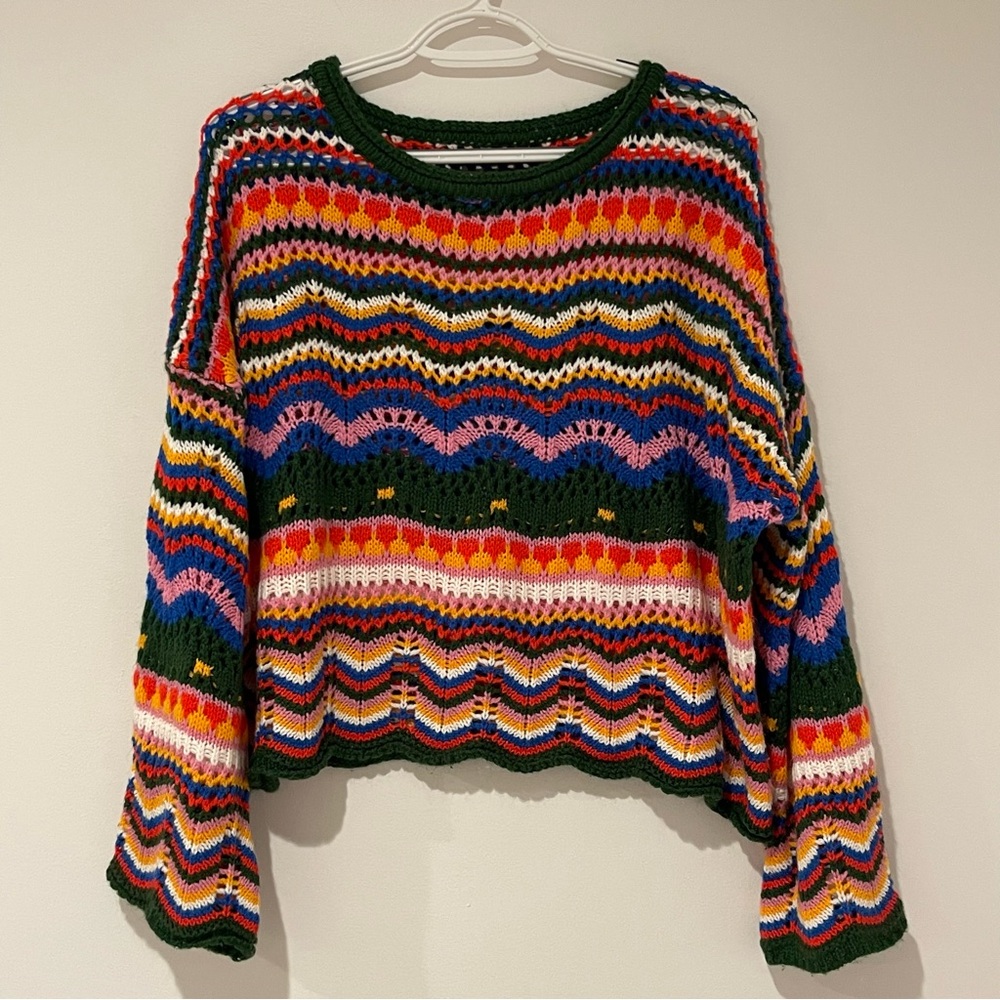 XL Women’s Crochet Sweater Boho Festival Colorful Hand Knit Flare Sleeve